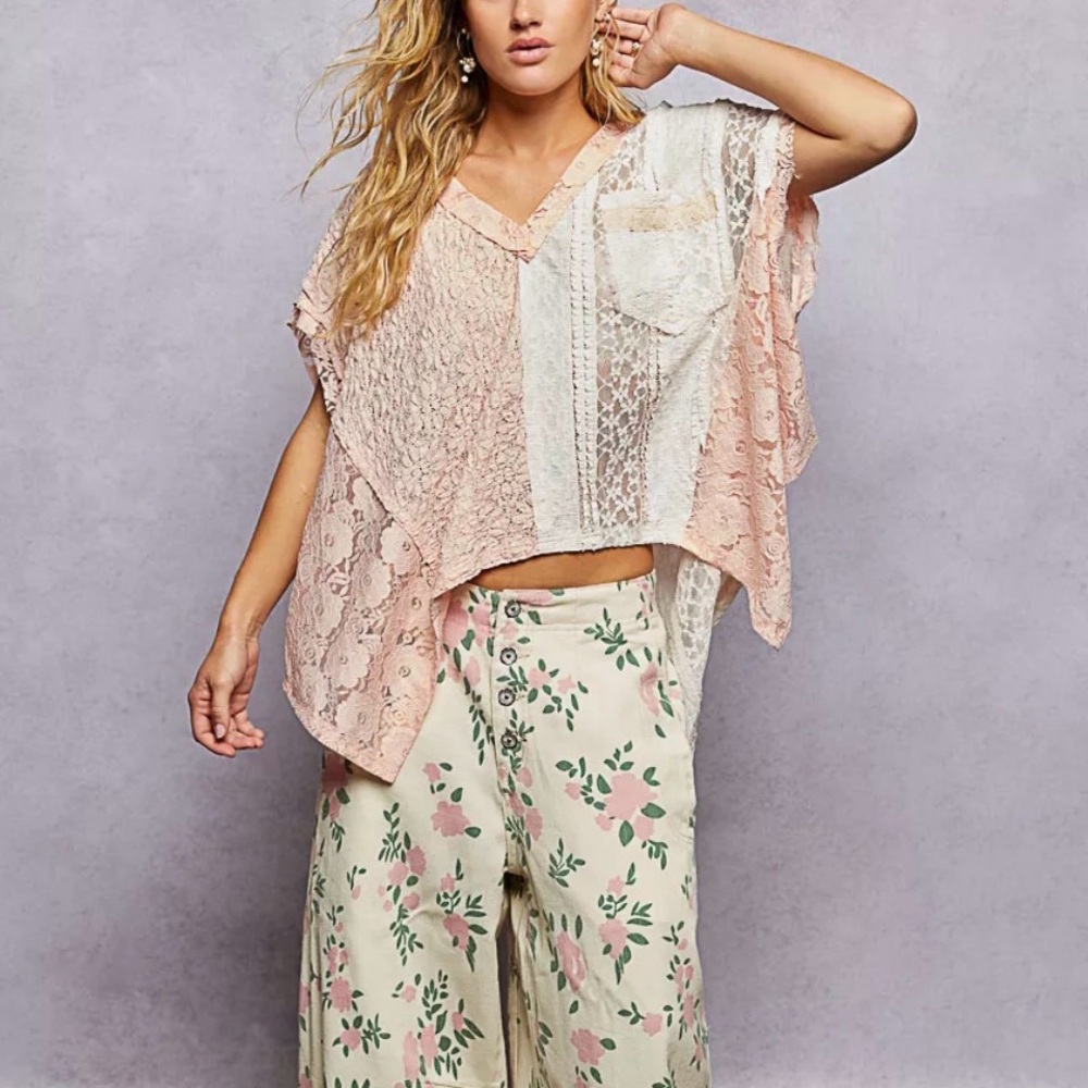 POL Pink and White Lace Poncho Top